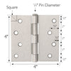 Design House Door Hinge in Satin Nickel, 4-Inch, Square Corner, 3-Pack